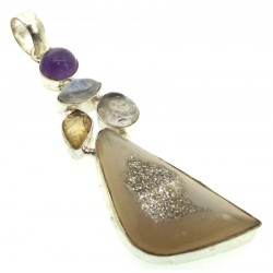 Druzy Agate Rainbow Moonstone and Amethyst Indian Silver Pendant 01